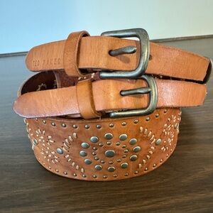 Ted Baker Women’s Studded Wide Leather Double Buckle Belt Boho Western Tan Bx A